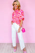 Abstract Print Button Back Ruffed High Neck Blouse